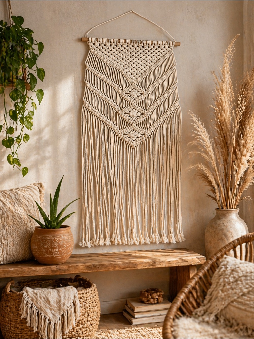 Handmade Cream Macramé Wall Tapestry - Boho Home Decor